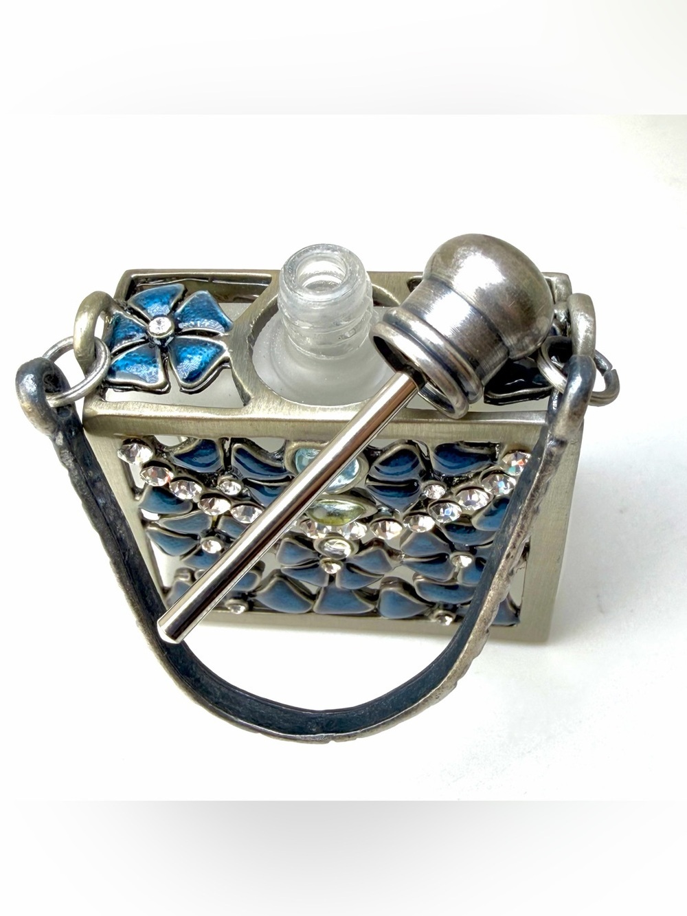 Vintage Mini Purse Perfume Decanter NOS Blue Rhinestone w Box - Picture 4 of 10